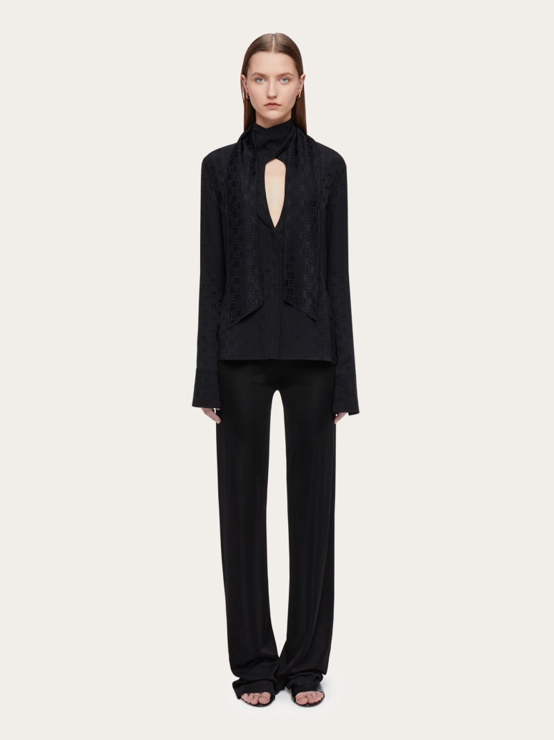Ferragamo | Women's Monogram Shirt With Sash Collar - Black