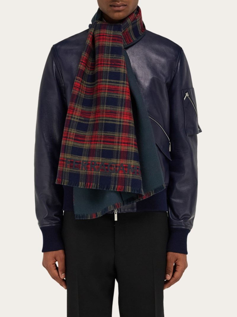 Ferragamo | Men's Tartan Wool Scarf - Navy Blue/Bottle Green