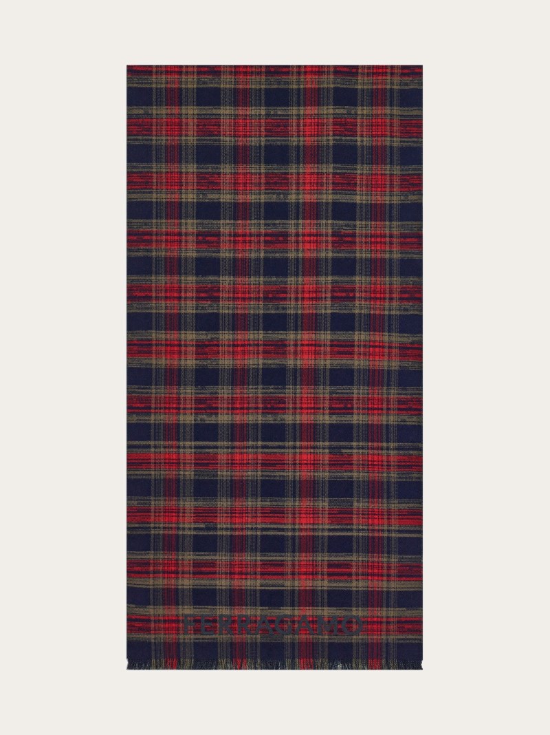 Ferragamo | Men's Tartan Wool Scarf - Navy Blue/Bottle Green