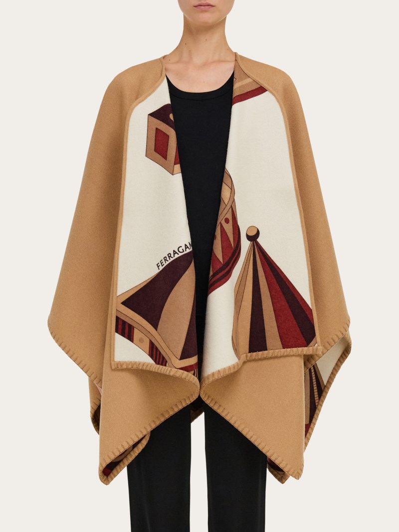 Ferragamo | Women's Nadir Print Reversible Cape - Bordeaux/Camel