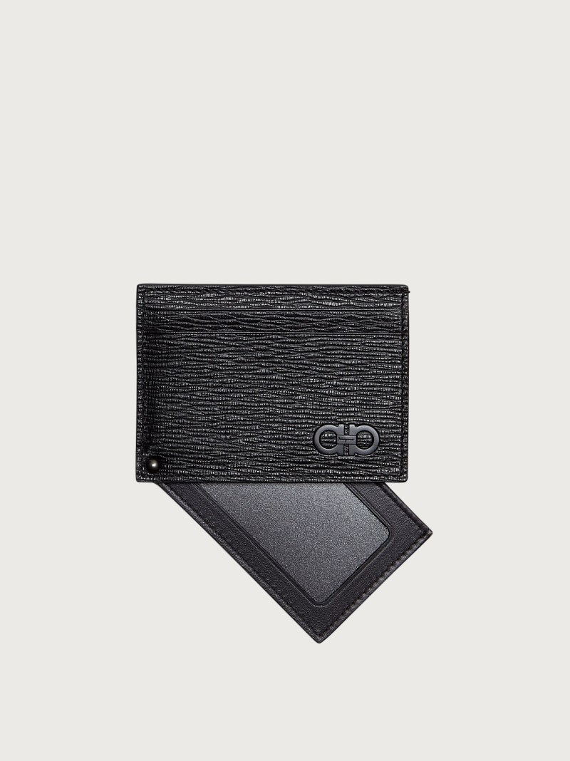 Ferragamo | Men's Gancini Card Holder With Pull-Out Id Window - Black/Dark Rain