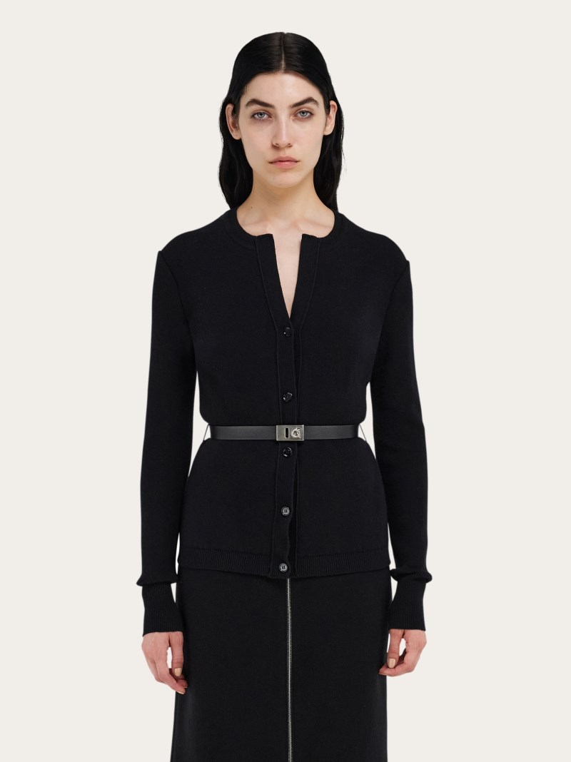 Ferragamo | Women's Pure Wool Cardigan With Leather Belt - Black