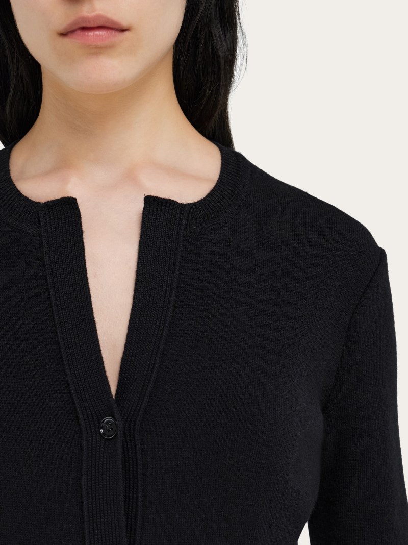 Ferragamo | Women's Pure Wool Cardigan With Leather Belt - Black