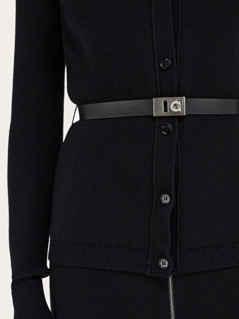 Ferragamo | Women's Pure Wool Cardigan With Leather Belt - Black