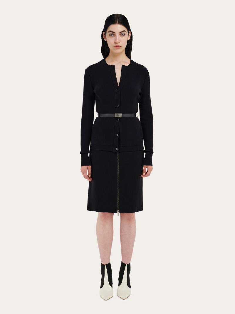 Ferragamo | Women's Pure Wool Cardigan With Leather Belt - Black