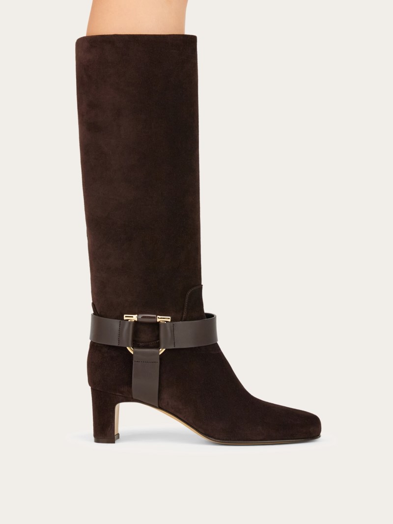 Ferragamo | Women's Gancini Ornament Knee High Boot - Dark Brown