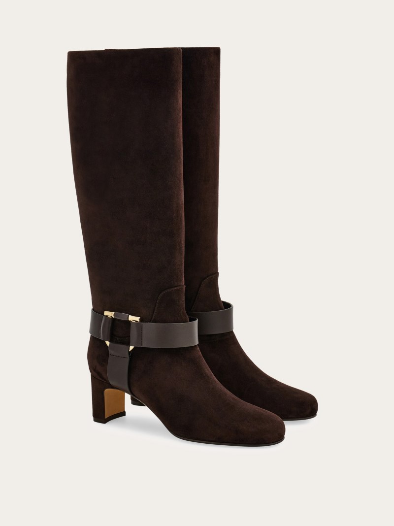 Ferragamo | Women's Gancini Ornament Knee High Boot - Dark Brown