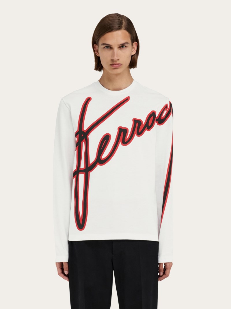 Ferragamo | Men's Long Sleeved T-Shirt With Embroidered Logo - White/Black/Red