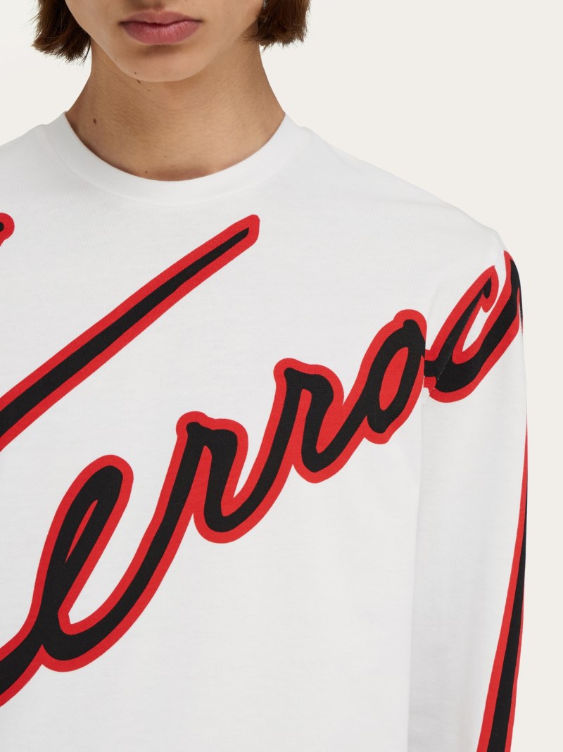 Ferragamo | Men's Long Sleeved T-Shirt With Embroidered Logo - White/Black/Red