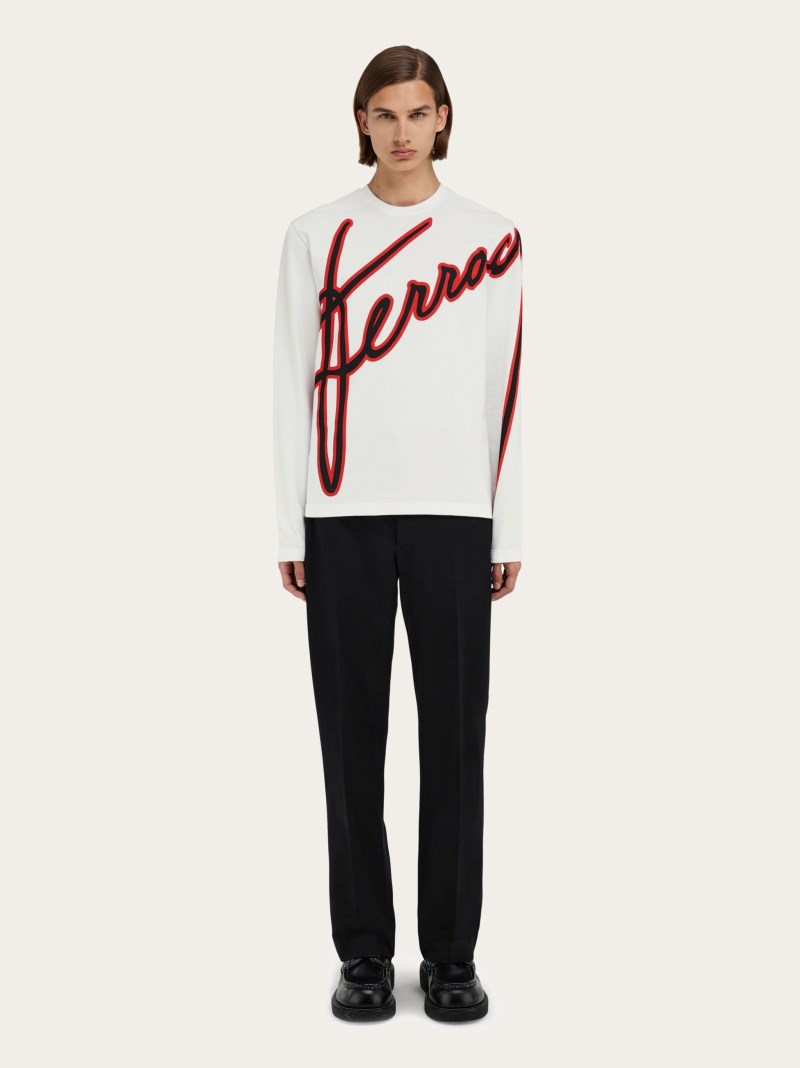 Ferragamo | Men's Long Sleeved T-Shirt With Embroidered Logo - White/Black/Red