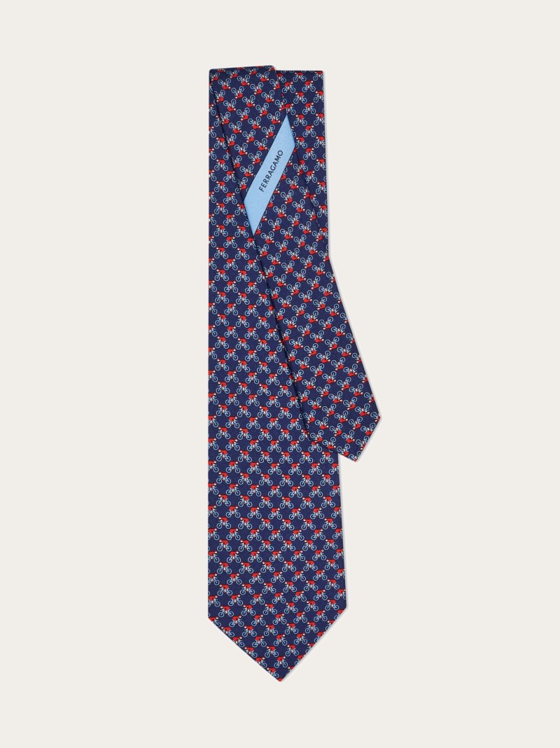 Ferragamo | Men's Cyclist Print Silk Tie - Dark Blue