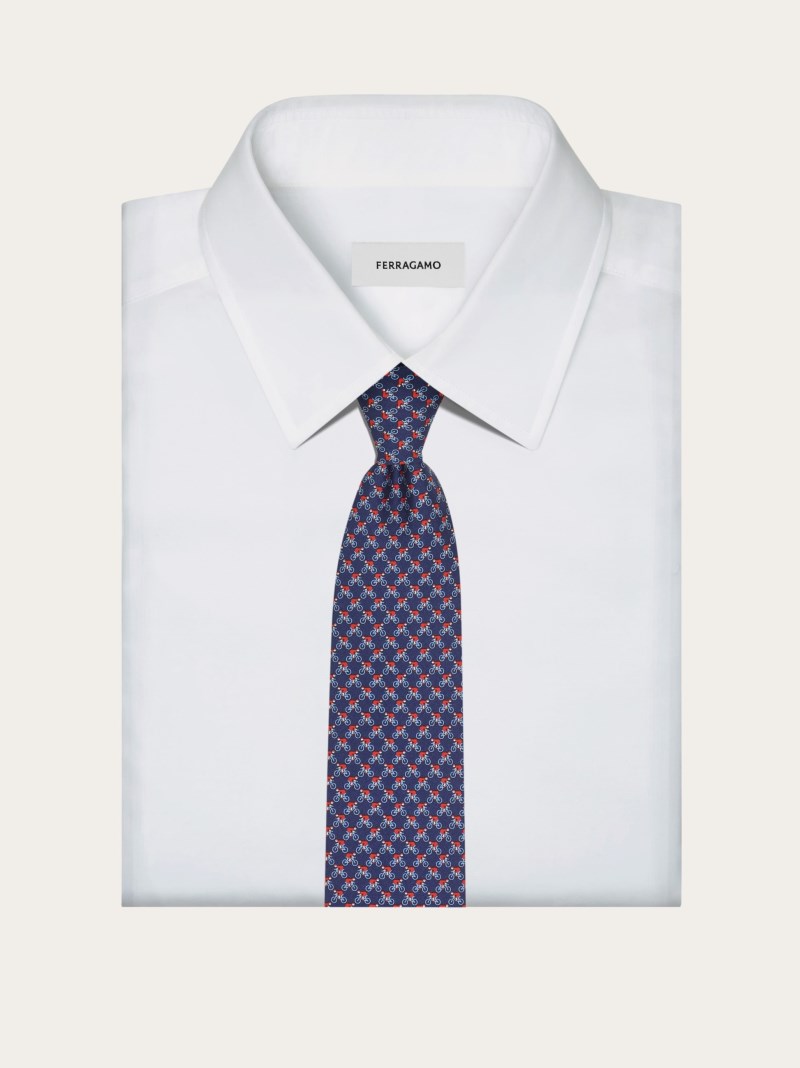 Ferragamo | Men's Cyclist Print Silk Tie - Dark Blue