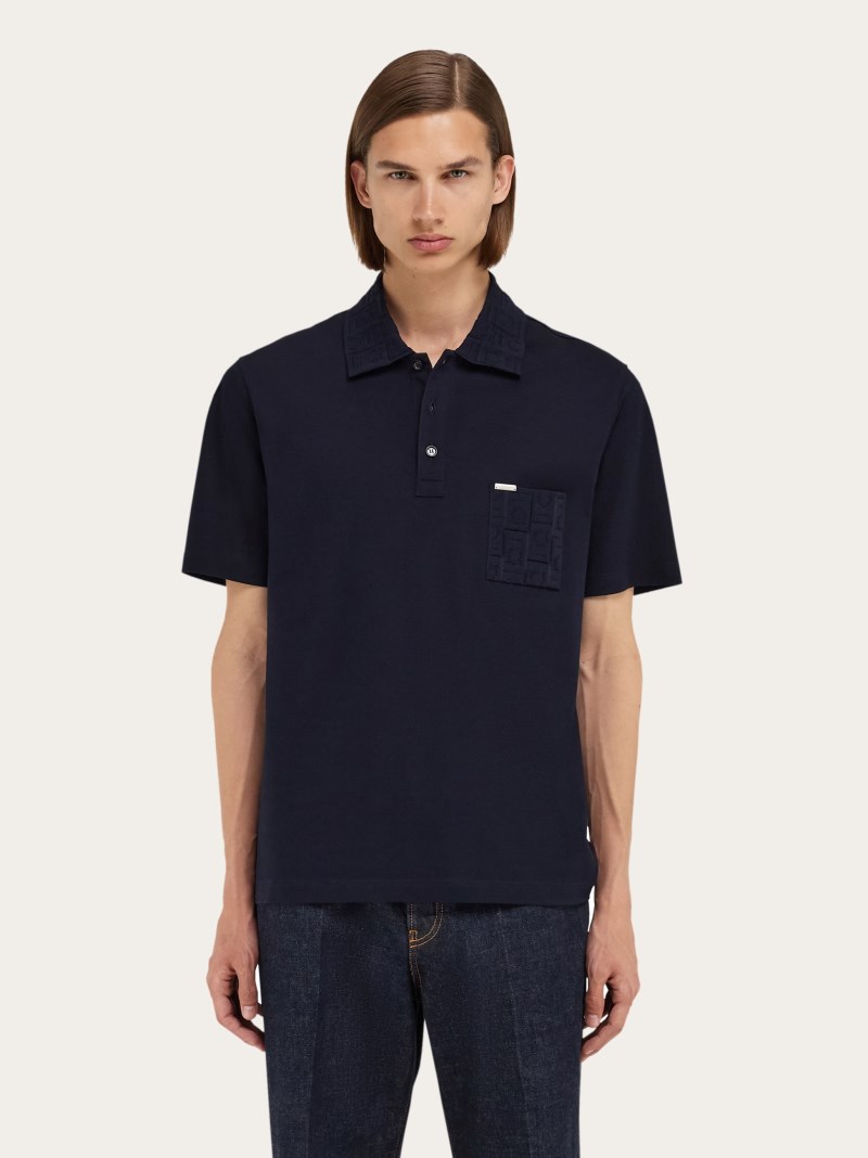 Ferragamo | Men's V-Neck Polo With Jacquard Pocket Detail - Navy Blue