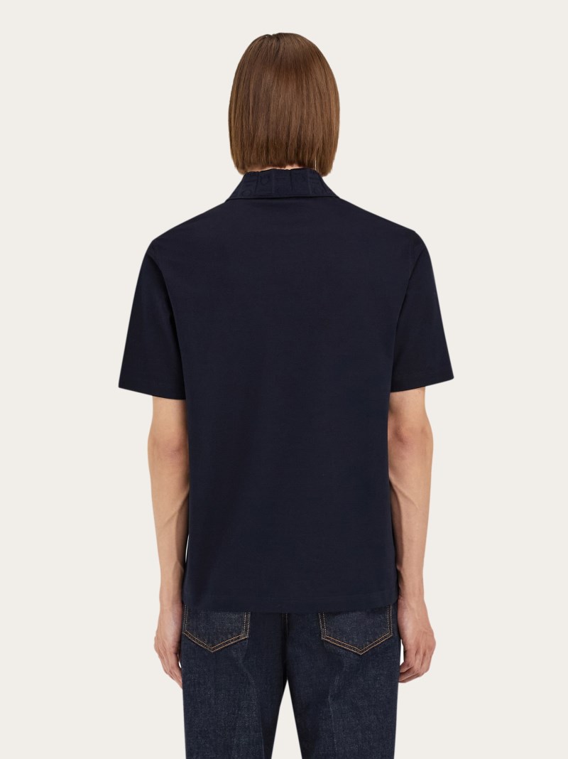 Ferragamo | Men's V-Neck Polo With Jacquard Pocket Detail - Navy Blue