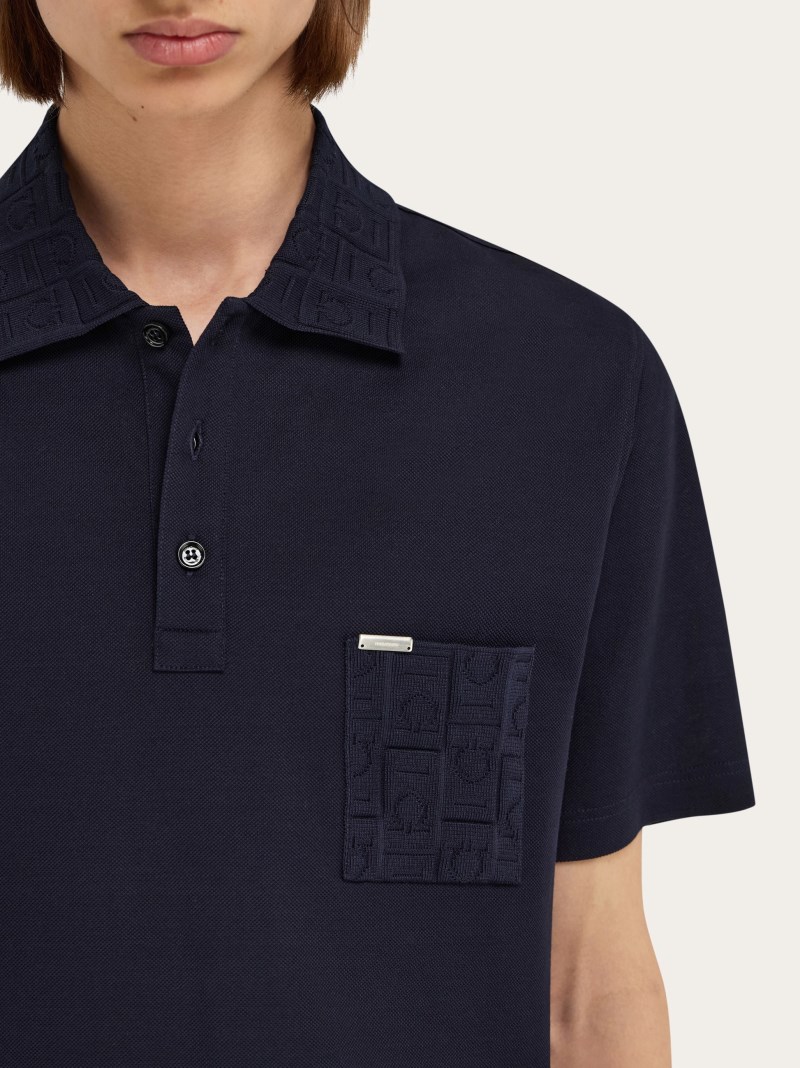 Ferragamo | Men's V-Neck Polo With Jacquard Pocket Detail - Navy Blue