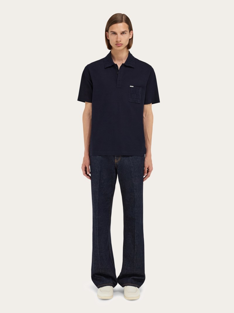 Ferragamo | Men's V-Neck Polo With Jacquard Pocket Detail - Navy Blue