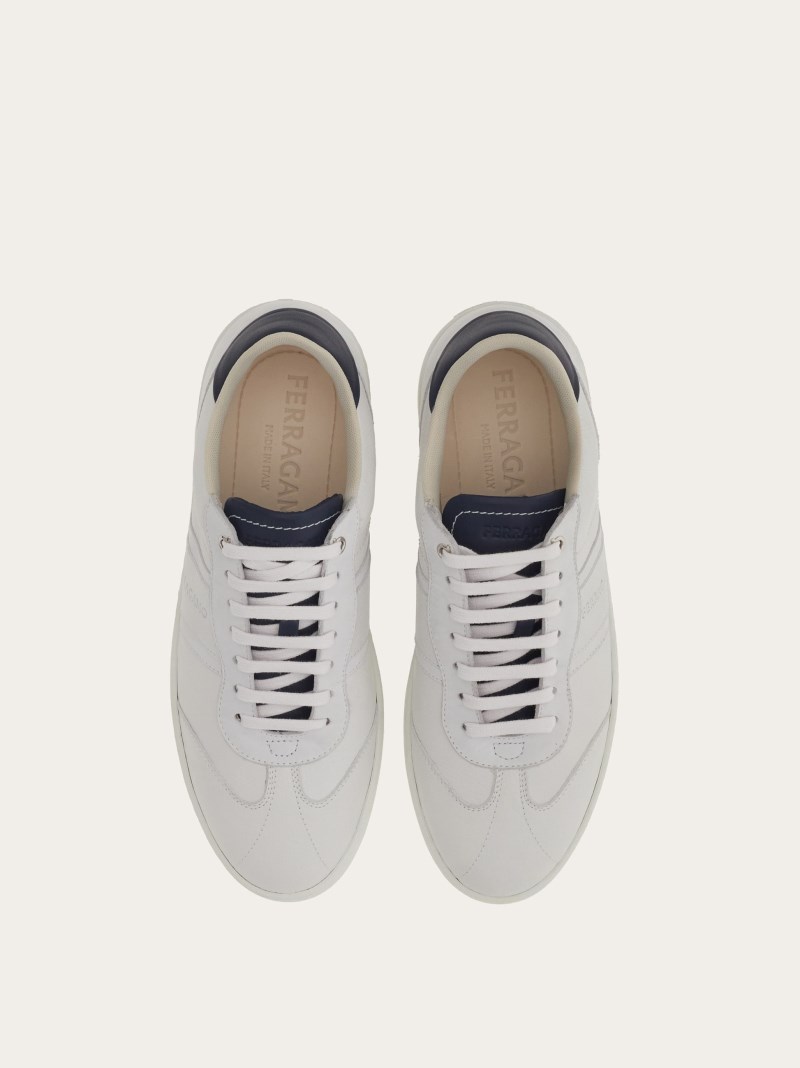 Ferragamo | Men's Low Top Sneaker With Signature - Optic White/Marine Blue