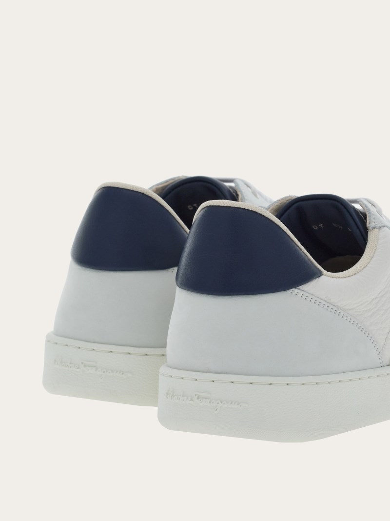 Ferragamo | Men's Low Top Sneaker With Signature - Optic White/Marine Blue