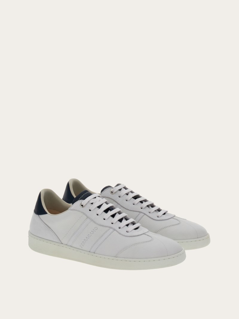 Ferragamo | Men's Low Top Sneaker With Signature - Optic White/Marine Blue