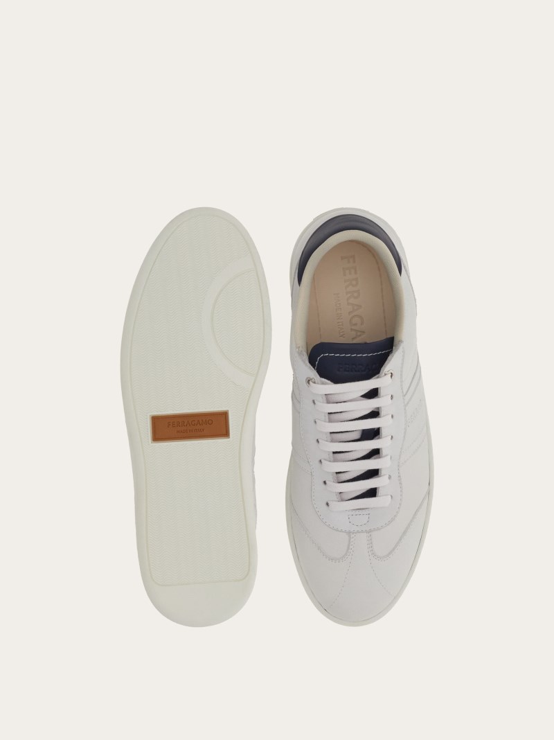 Ferragamo | Men's Low Top Sneaker With Signature - Optic White/Marine Blue