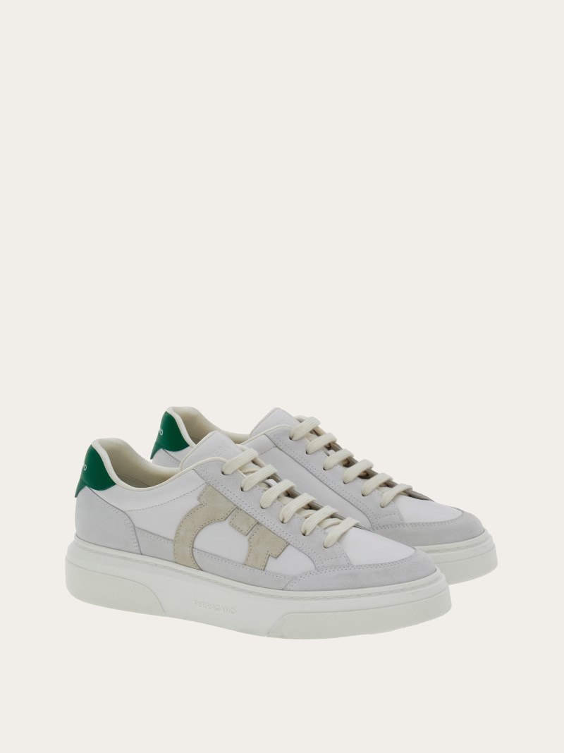 Ferragamo | Men's Low Cut Sneaker With Gancini Outline - Optic White