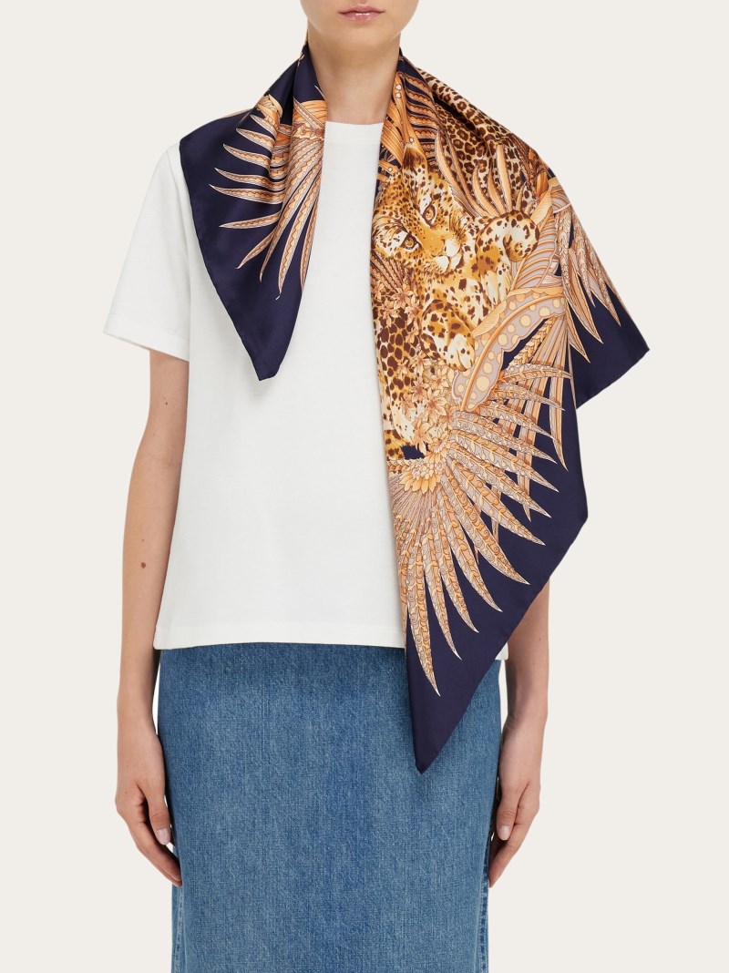 Ferragamo | Women's Leopard Print Silk Scarf - Navy Blue/Orange/Fuchsia