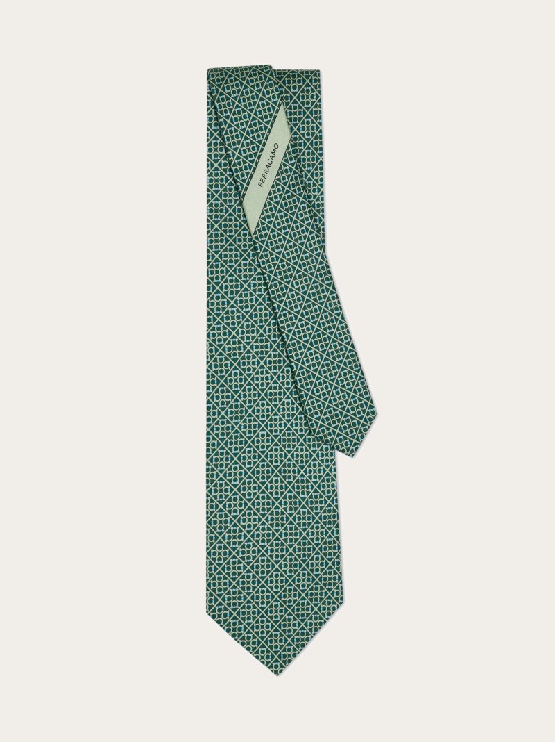 Ferragamo | Men's Square Gancini Print Silk Tie - Green