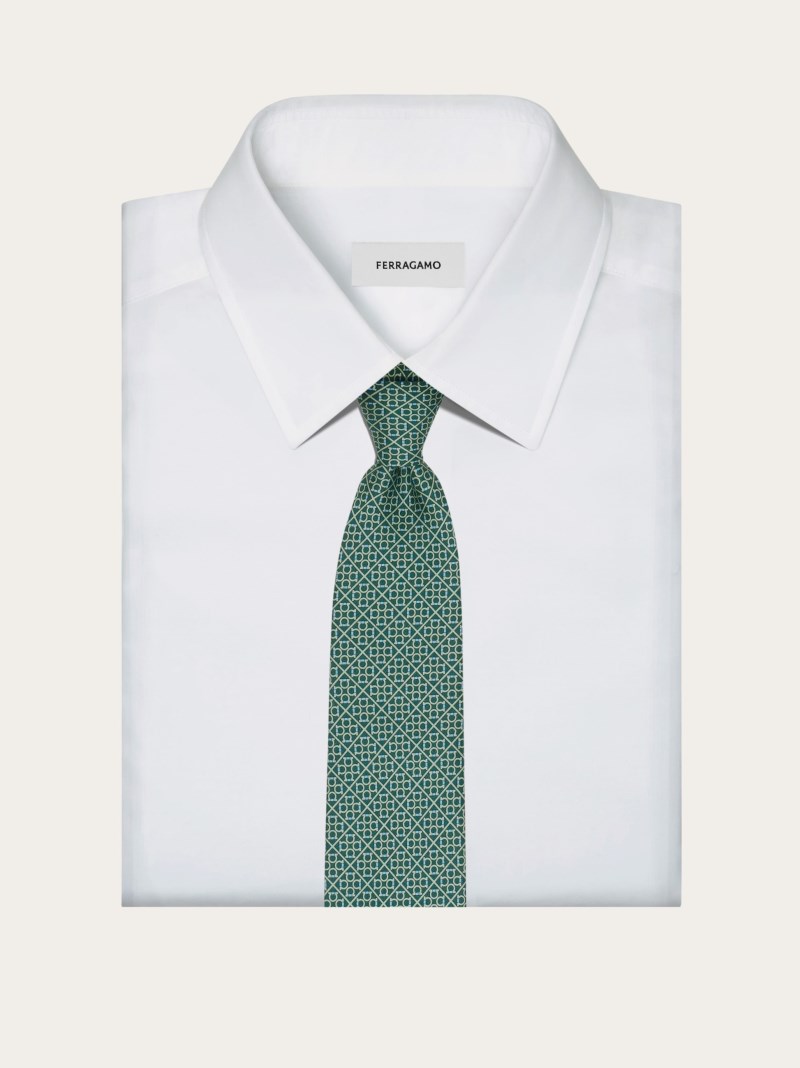 Ferragamo | Men's Square Gancini Print Silk Tie - Green