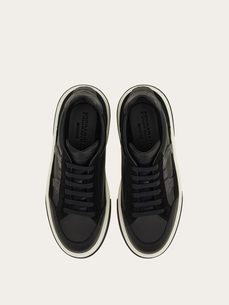 Ferragamo | Men's Low Top Sneaker With Gancini Outline - Black/Stromboli Sand