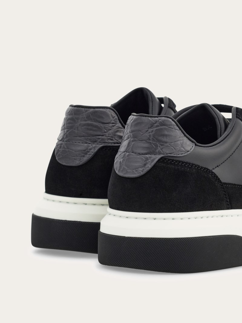 Ferragamo | Men's Low Top Sneaker With Gancini Outline - Black/Stromboli Sand