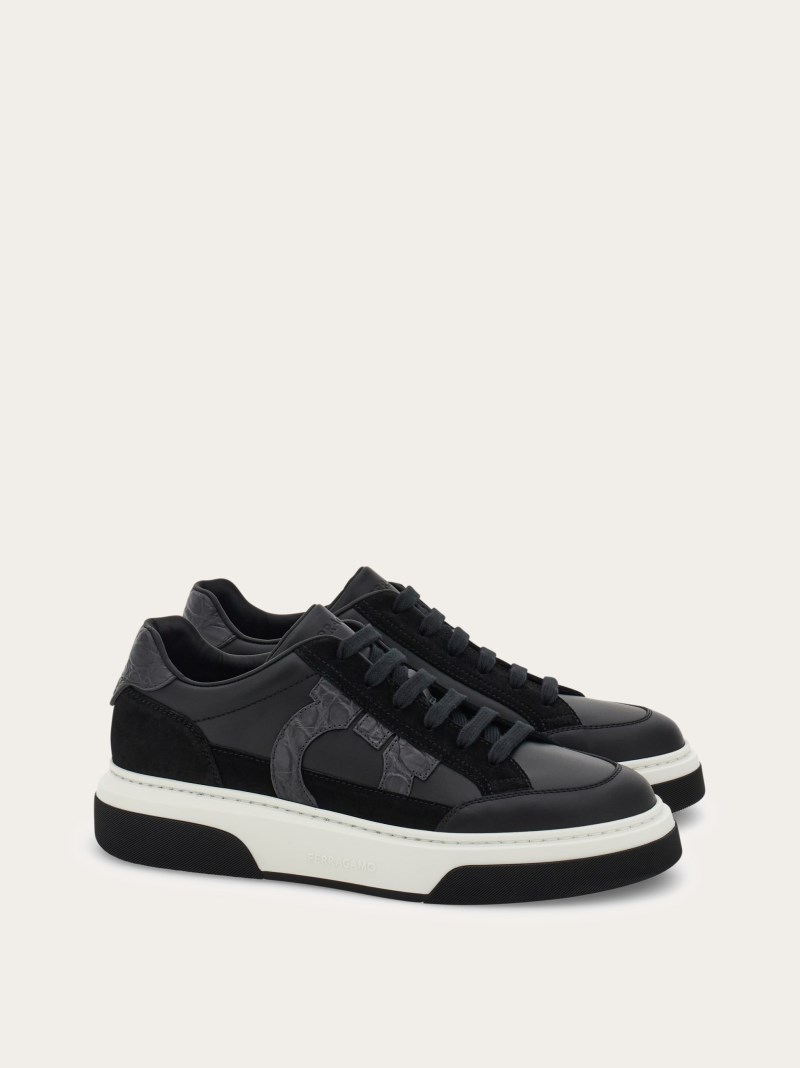 Ferragamo | Men's Low Top Sneaker With Gancini Outline - Black/Stromboli Sand