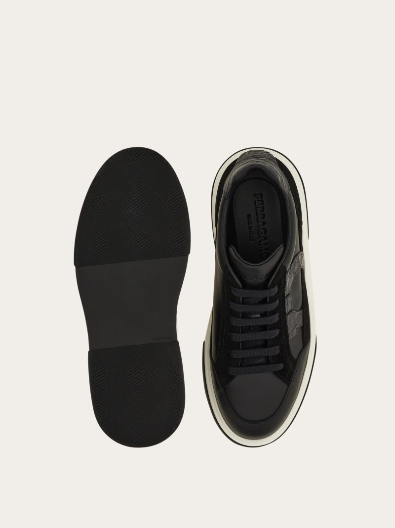 Ferragamo | Men's Low Top Sneaker With Gancini Outline - Black/Stromboli Sand