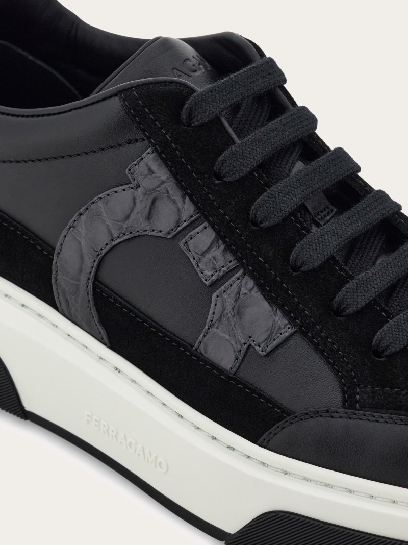 Ferragamo | Men's Low Top Sneaker With Gancini Outline - Black/Stromboli Sand