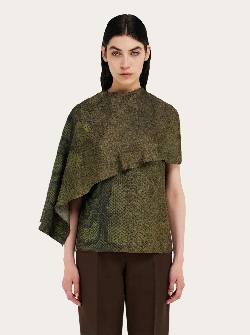Ferragamo | Women's Python Print Silk Shirt With Cape Detail - Olive Green