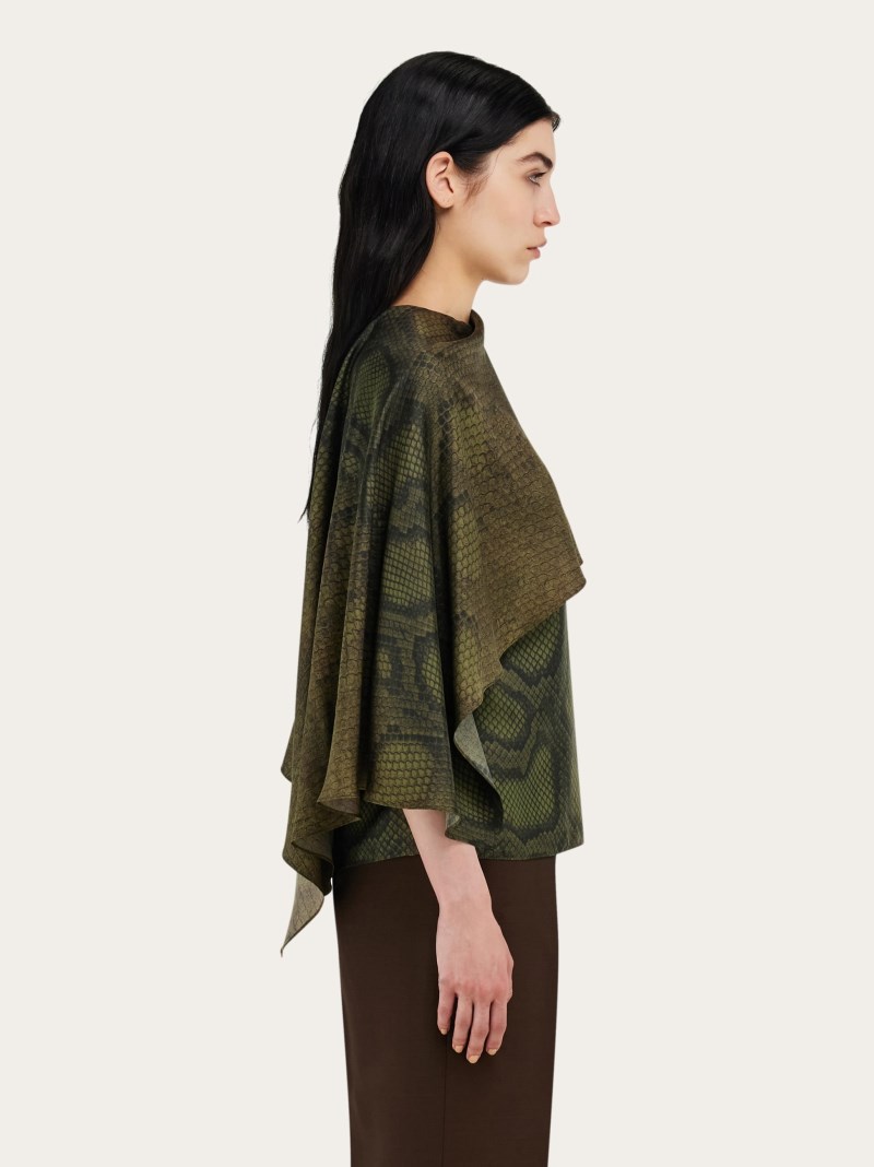 Ferragamo | Women's Python Print Silk Shirt With Cape Detail - Olive Green