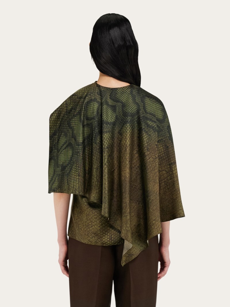 Ferragamo | Women's Python Print Silk Shirt With Cape Detail - Olive Green