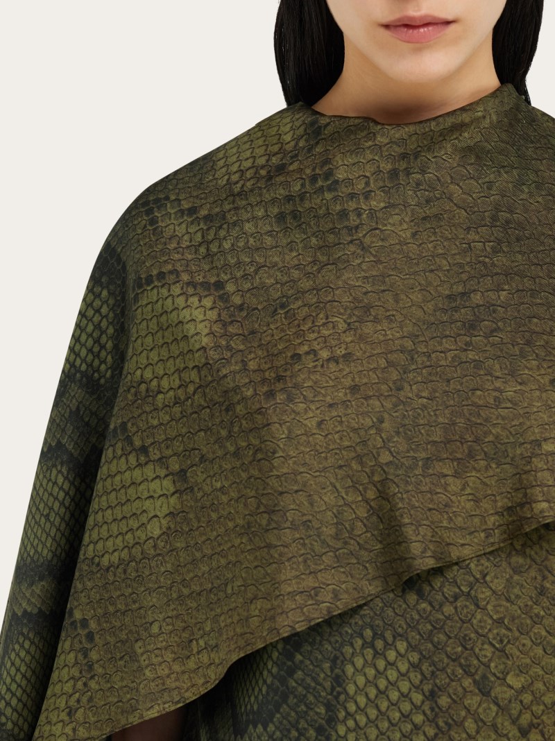 Ferragamo | Women's Python Print Silk Shirt With Cape Detail - Olive Green