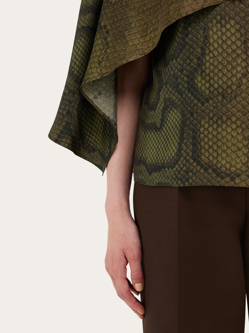 Ferragamo | Women's Python Print Silk Shirt With Cape Detail - Olive Green
