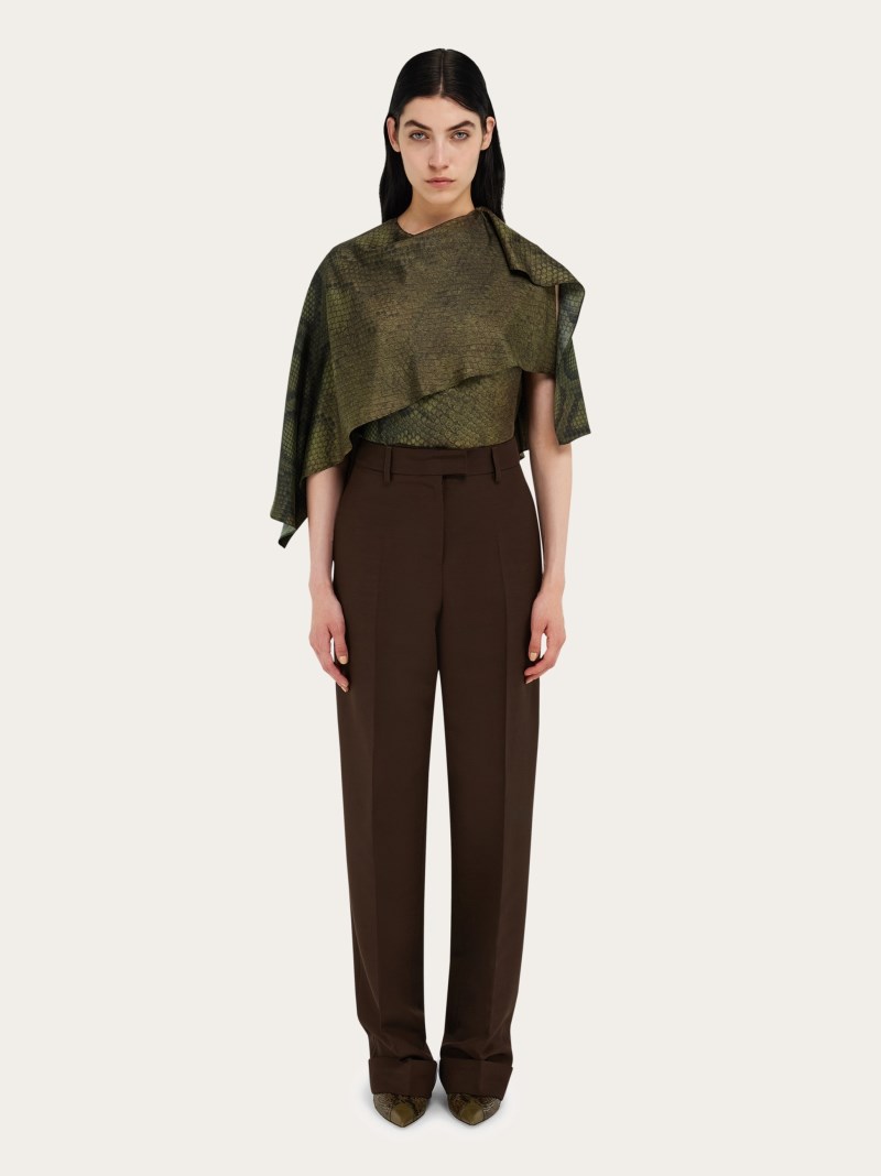 Ferragamo | Women's Python Print Silk Shirt With Cape Detail - Olive Green