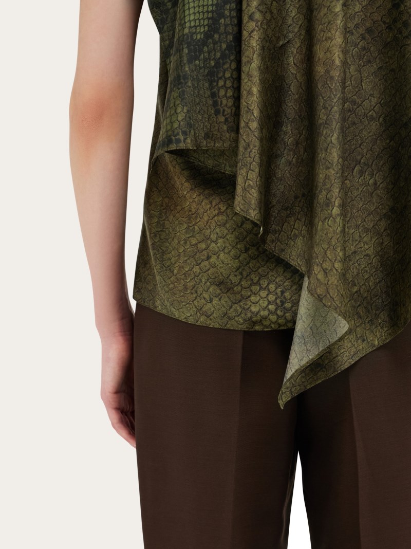 Ferragamo | Women's Python Print Silk Shirt With Cape Detail - Olive Green
