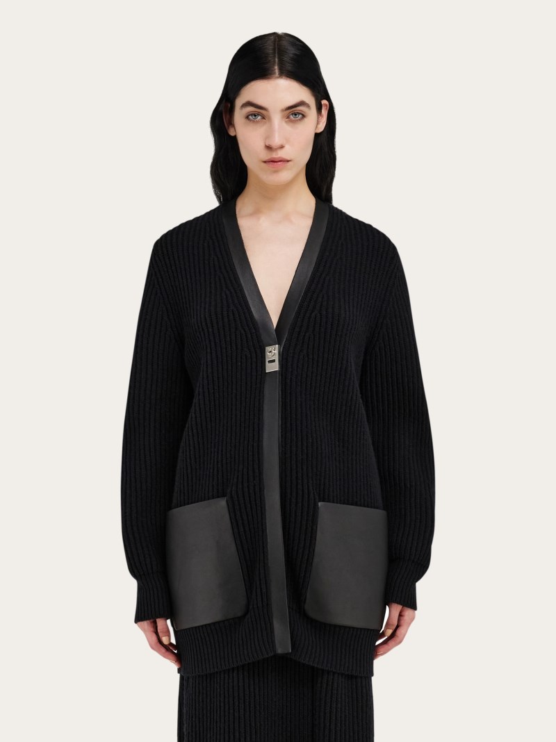 Ferragamo | Women's Longline Cardigan With Leather Trim - Black