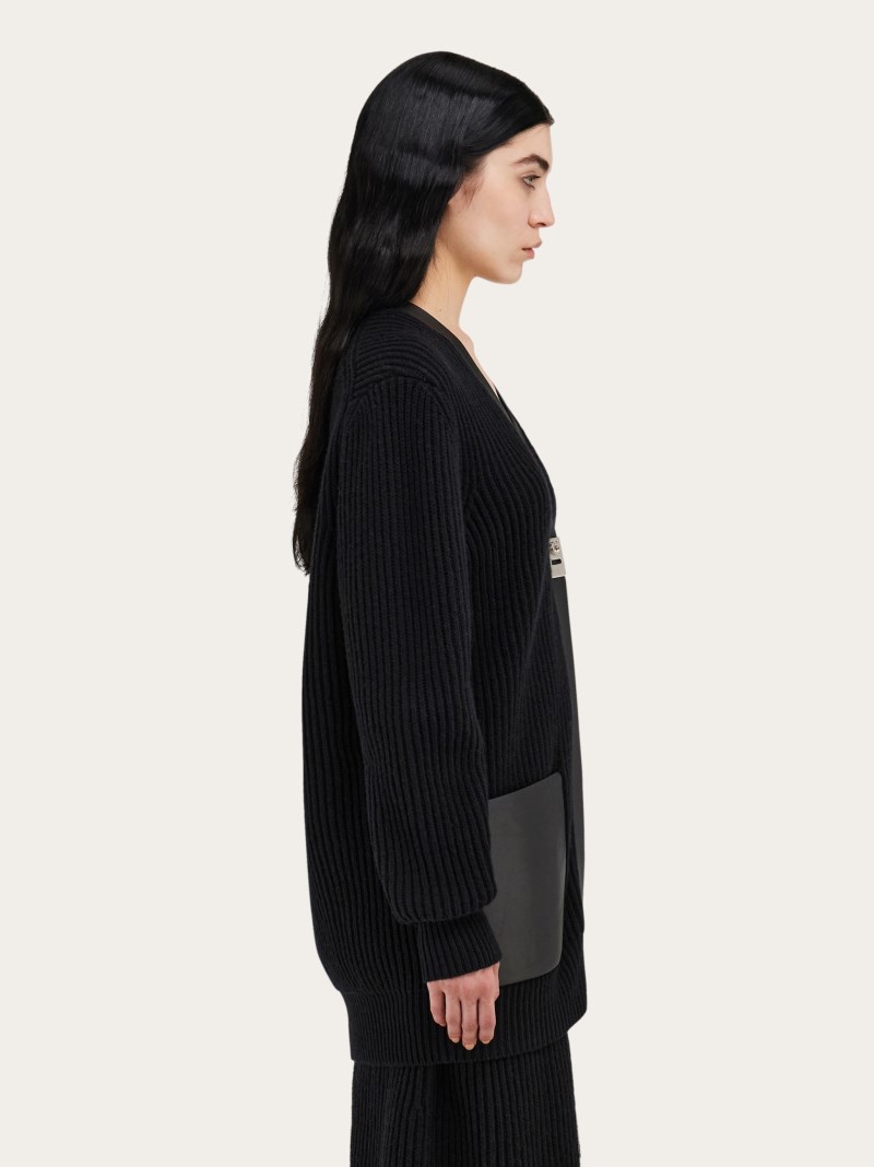 Ferragamo | Women's Longline Cardigan With Leather Trim - Black