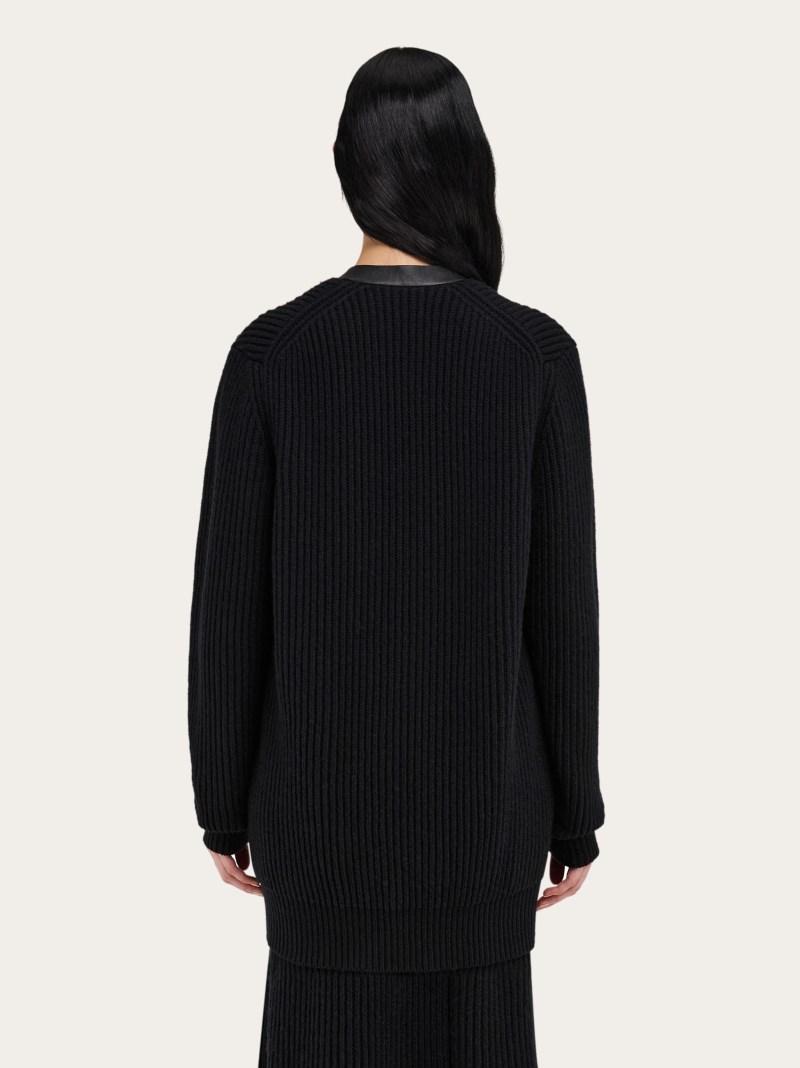 Ferragamo | Women's Longline Cardigan With Leather Trim - Black