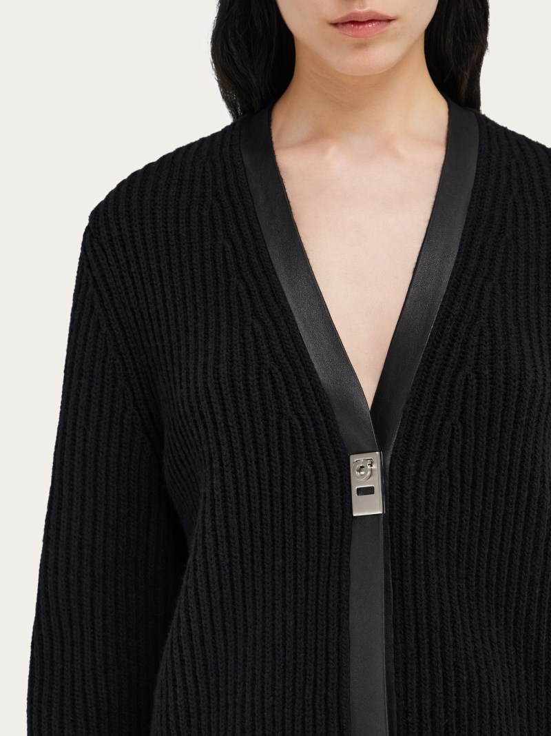 Ferragamo | Women's Longline Cardigan With Leather Trim - Black