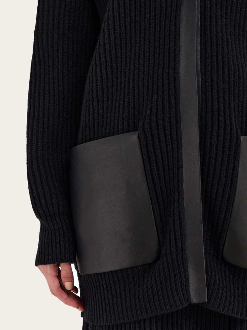 Ferragamo | Women's Longline Cardigan With Leather Trim - Black