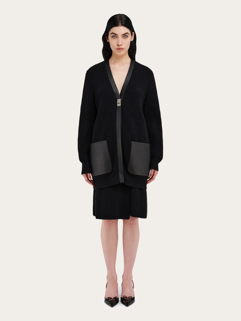 Ferragamo | Women's Longline Cardigan With Leather Trim - Black