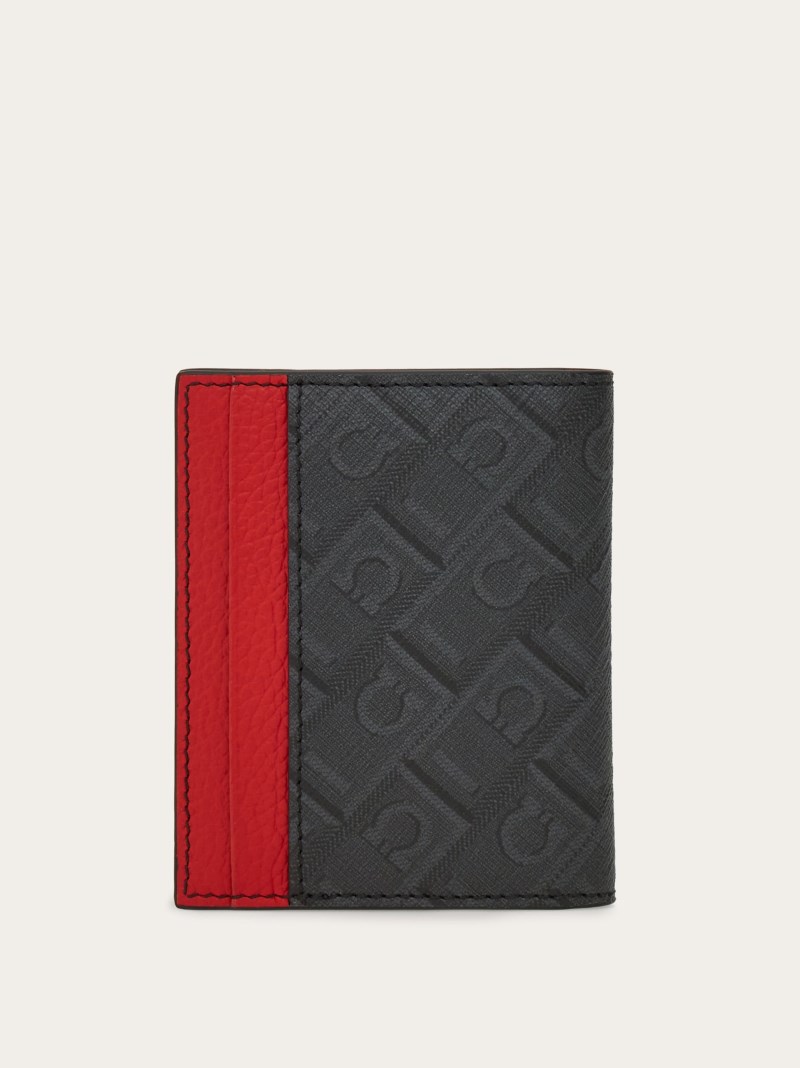 Ferragamo | Men's Monogram Credit Card Holder - Black/Grey/Flame Red