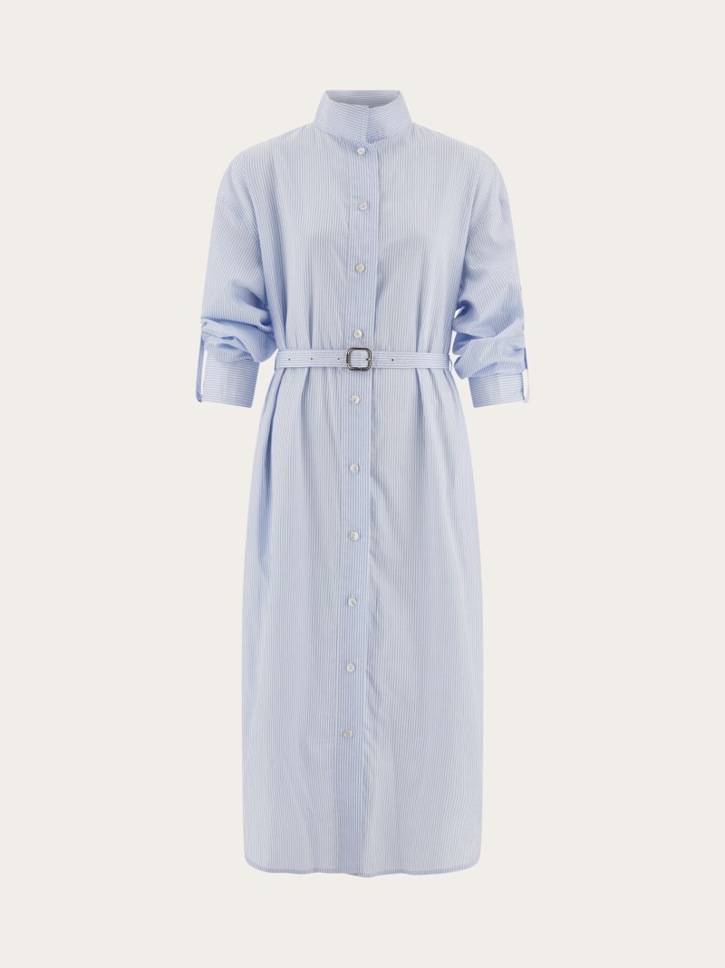 Ferragamo | Women's Shirt Dress With High Collar - White/Sky Blue