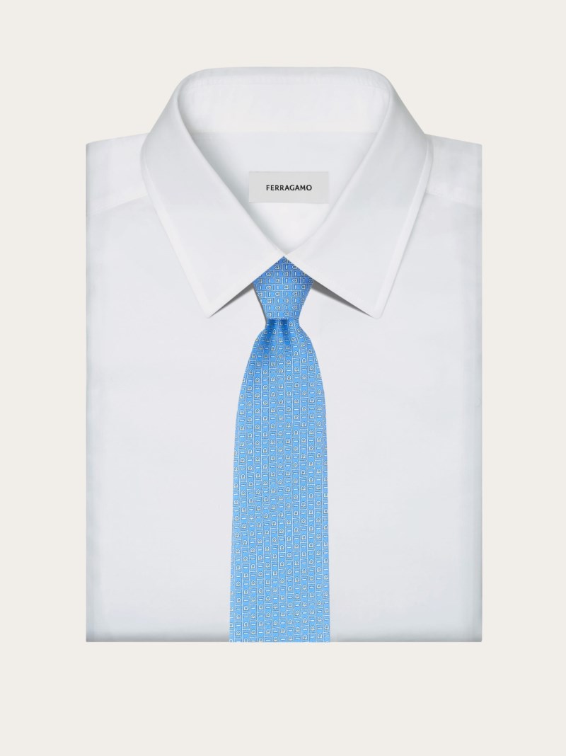 Ferragamo | Men's Monogram Print Silk Tie - Light Blue