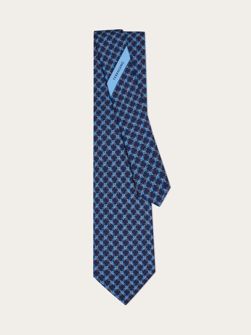 Ferragamo | Men's Cyclist Print Silk Tie - Navy Blue